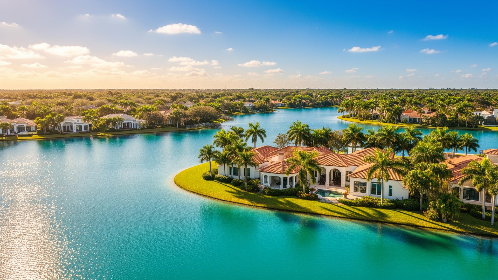Aerial view of upscale Windermere / Orlando lakefront residential community at twilight
